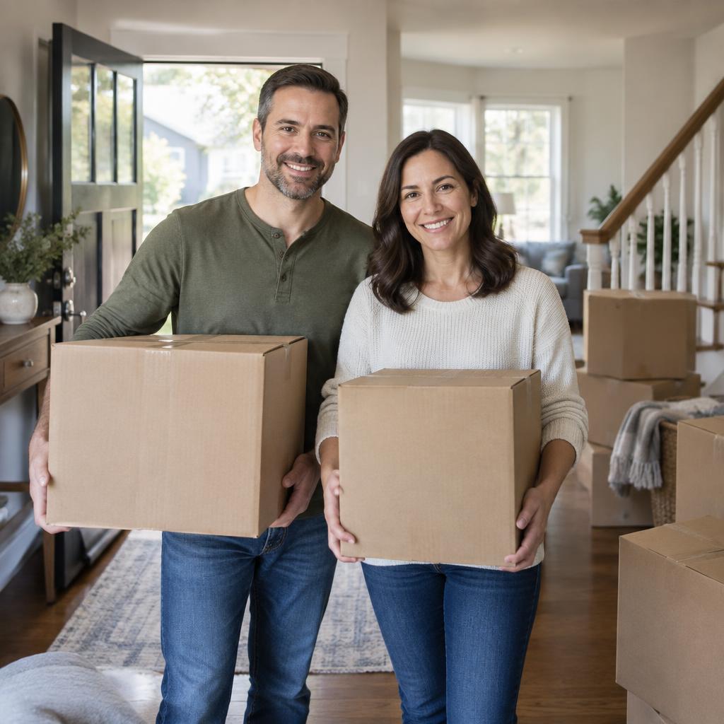 A couple preparing for their move with packed boxes